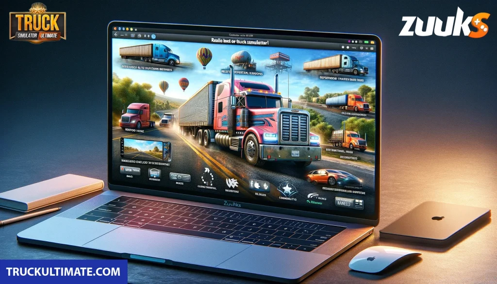 Truck Simulator Ultimate viewed on a MacBook screen with notebook and mouse on desk