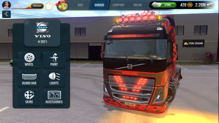 A screenshot from a Skins truck simulator Ultimate Apk game showing a customized Volvo truck and customization menu options