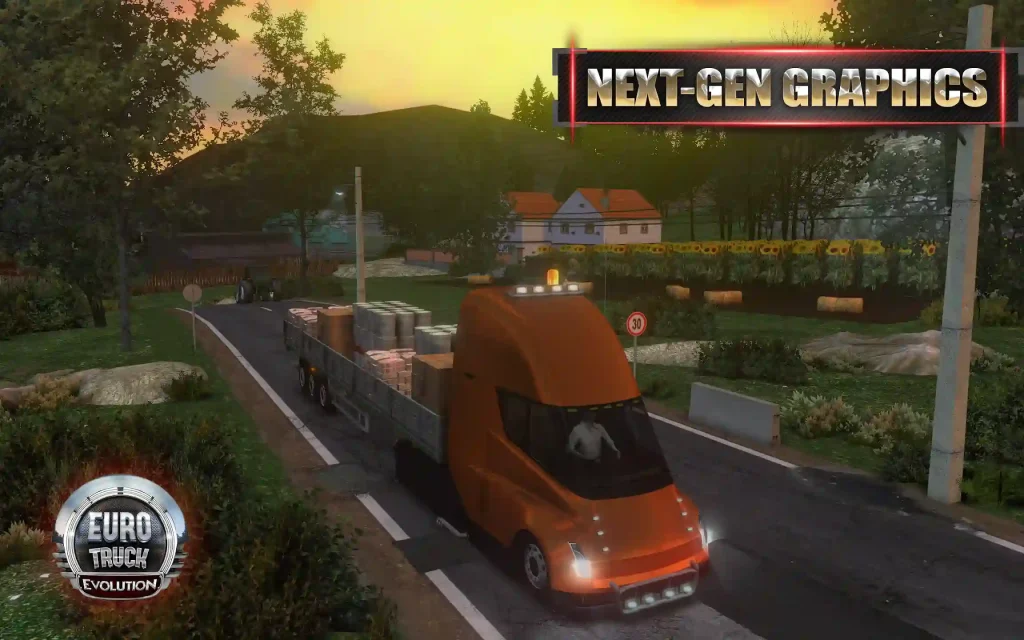 An orange truck carrying cargo on a road in a countryside setting with Next-Gen Graphics banner and Truck Simulator Ultimate vs Universal Truck Simulator logo