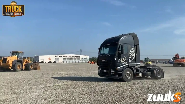 Black IVECO Stralis Most Expensive trucks in a virtual auction yard with construction equipment around