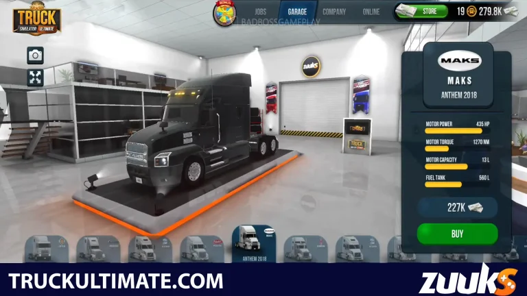 Black MAKS Anthem 2018 truck on display in a virtual garage with stats and 'BUY' option in a Most Expensive trucks simulator game