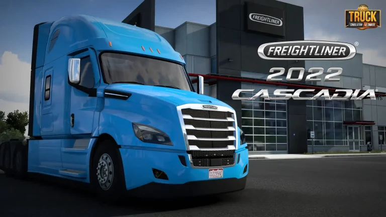 Blue 2022 Freightliner Cascadia Most Expensive trucks showcased outside dealership in a simulator game