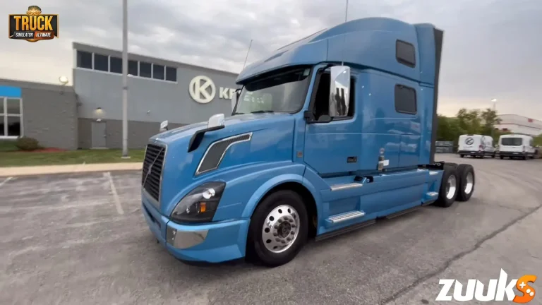 Blue Volvo 780 2016 truck outside a dealership, showcased in a Most expensive trucks simulator game