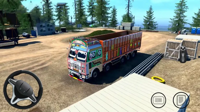 Colorful truck in a truck simulator game with on-screen driving controls