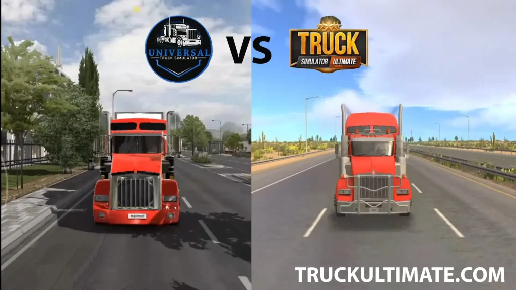 Comparison of Truck Simulator Ultimate vs Universal Truck Simulator games showing red trucks on roads
