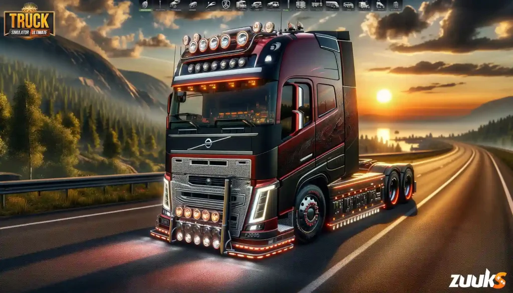 Custom Volvo truck on highway at sunset in truck simulator ultimate skins