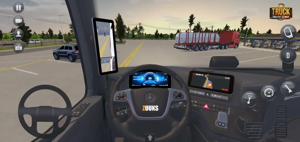 Driver's view in Truck Simulator Game, showing dashboard and road