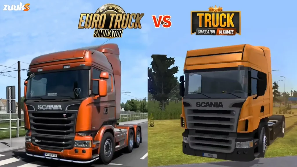 Euro Truck Simulator on the left with a detailed red Scania truck versus Truck Simulator Ultimate on the right with a simpler yellow Scania truck
