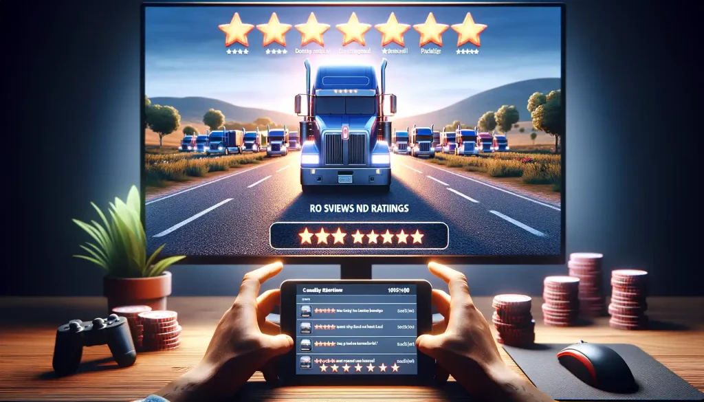 In-game view of truck simulator with high ratings and user reviews