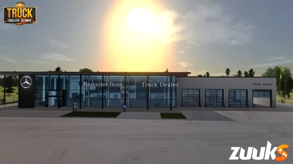 Mercedes-Benz dealership at sunset in Truck Simulator Ultimate Mod APK game