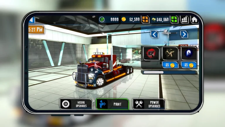 Mobile truck simulator customization screen with vibrant truck graphics