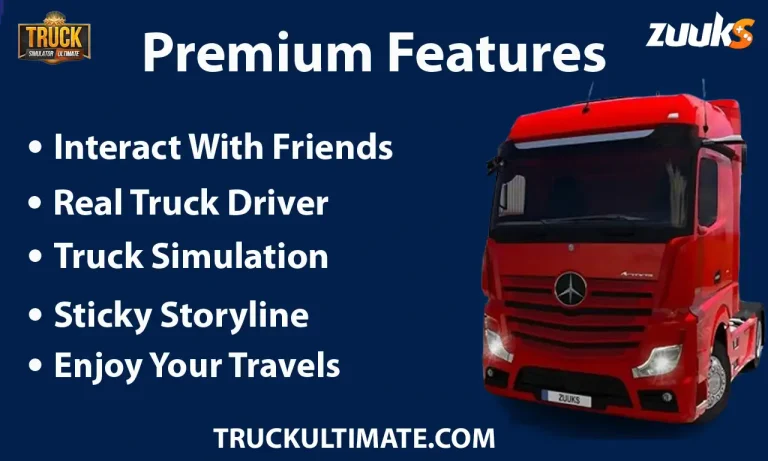 Promotional graphic for Truck Simulator Ultimate Mod APK highlighting premium features with a red truck