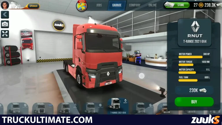 Red RNUT T-Range 2021 6x4 Most Expensive trucks featured in a virtual garage for purchase in a simulation game