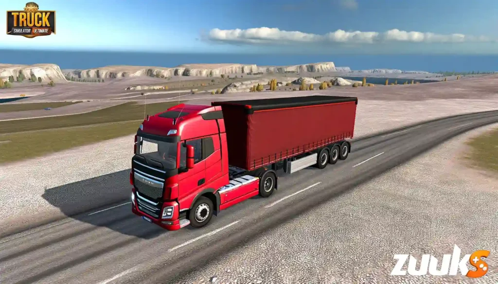Red Truck Simulator Ultimate Mod APK  with trailer driving on a coastal highway in a simulator game