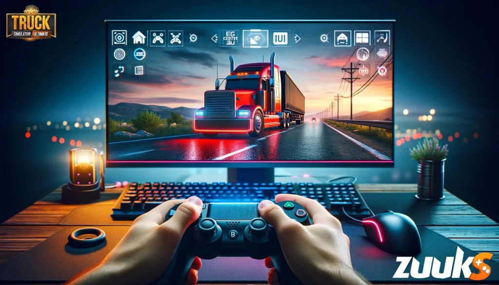 Red truck Simulator Ultimate Controller Supporton screen with gamepad, immersive gaming setup