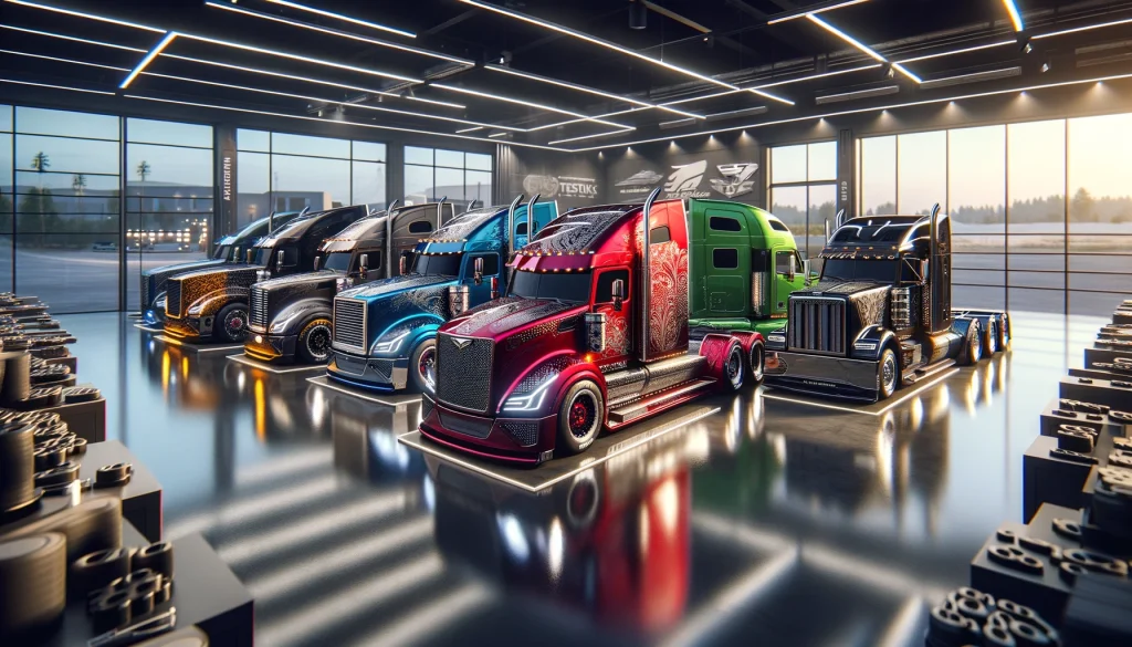 Showcase of the world's most expensive trucks, featuring a metallic crimson masterpiece, in a luxurious most expensive trucks simulator showroom