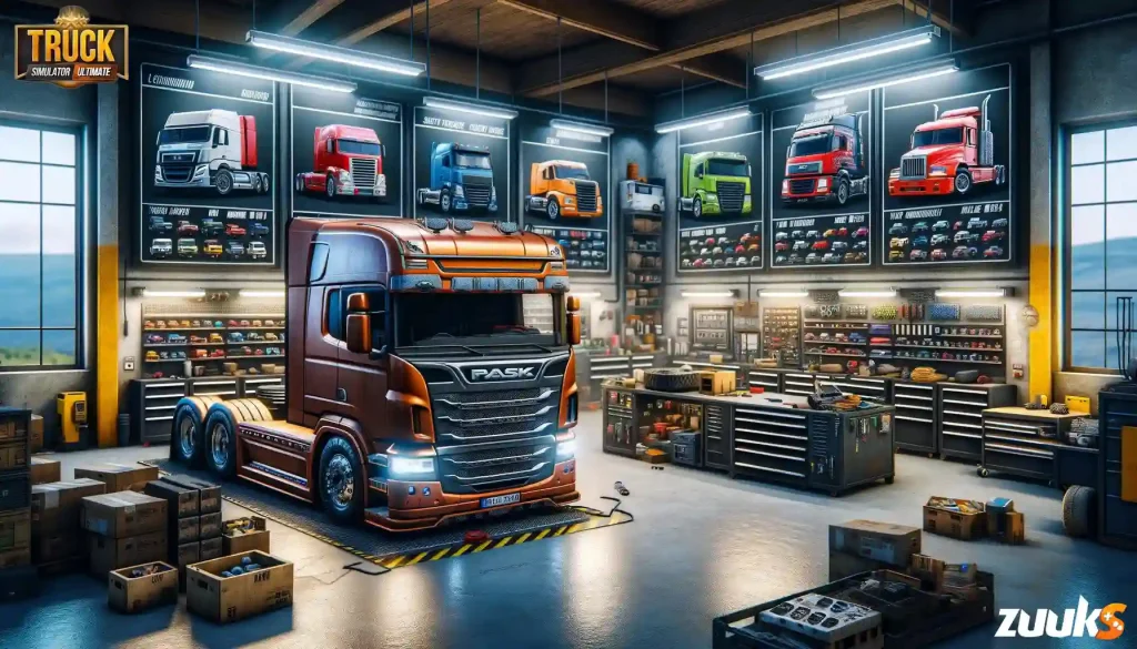 Truck Simulator Ultimate Apk game's garage with customization options