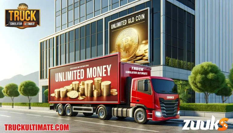 Truck Simulator Ultimate ad with truck, coins, Unlimited Money, and website text