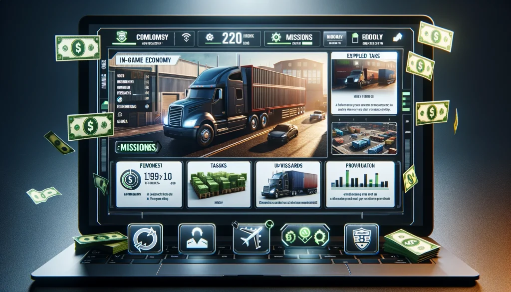 Truck Simulator Ultimate and Bus Simulator Ultimate game screen with economy stats, missions, and upgrade options