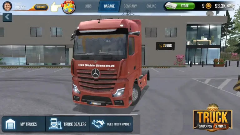 Best Truck Simulator Games For Android interface with a red truck at the virtual garage