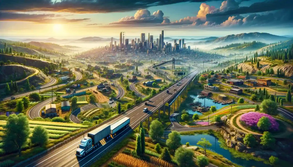 Truck Simulator Ultimate vs Universal Truck Simulator scene with diverse map, city to countryside, vibrant exploration and adventure, showcasing open world