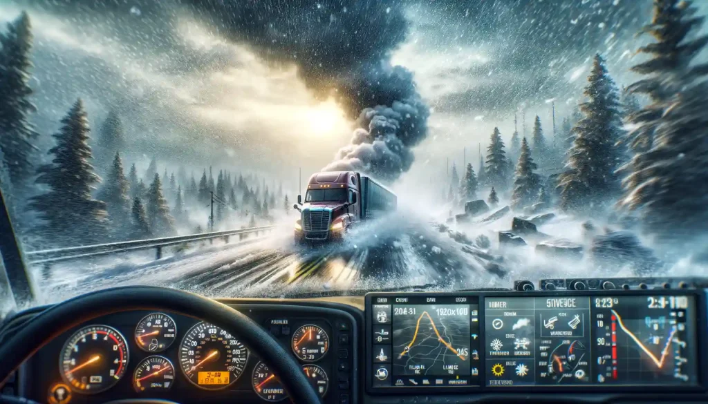 Truck simulator Ultimate Mod APK gameplay with dynamic weather, HUD display, and interior view