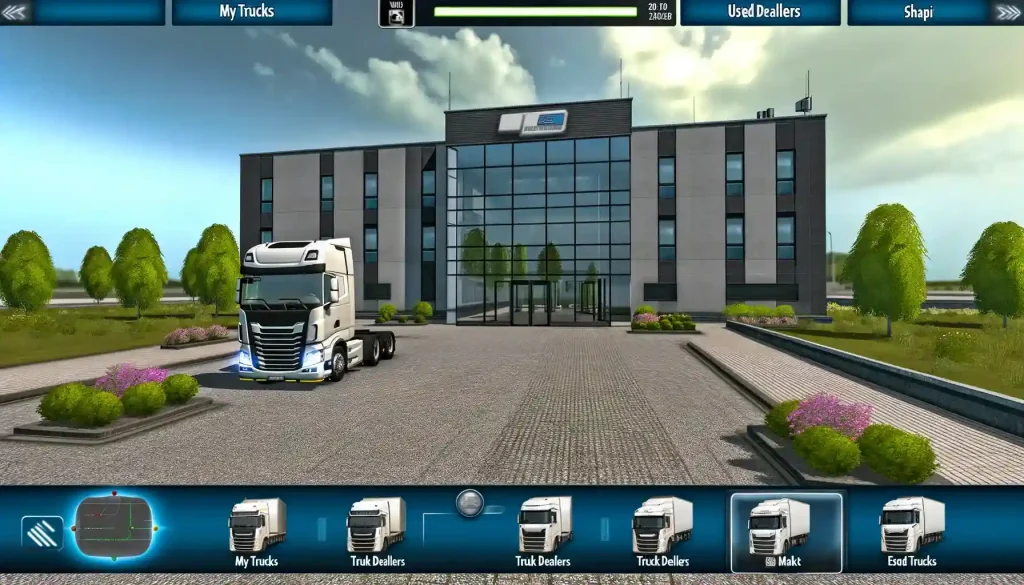 Truck Simulator Ultimate vs Universal Truck Simulator game with a modern truck in front of a building, UI below