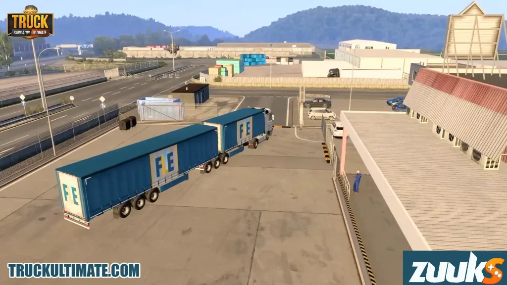 Truck with double trailers in depot, game interface visible, clear day in Truck Simulator Ultimate Mod Apk