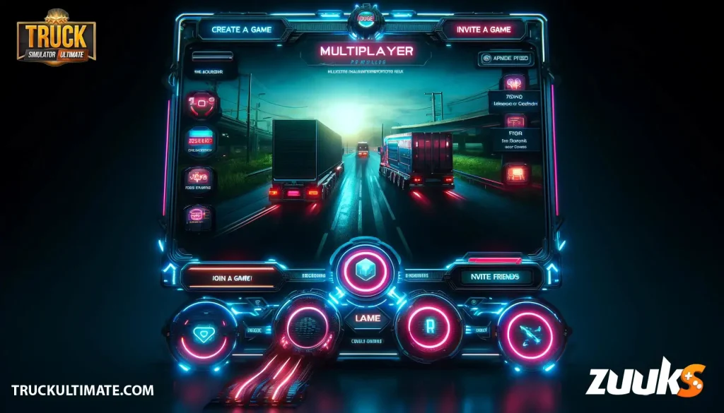 menu of Truck Simulator Ultimate Multiplayer mode with neon UI