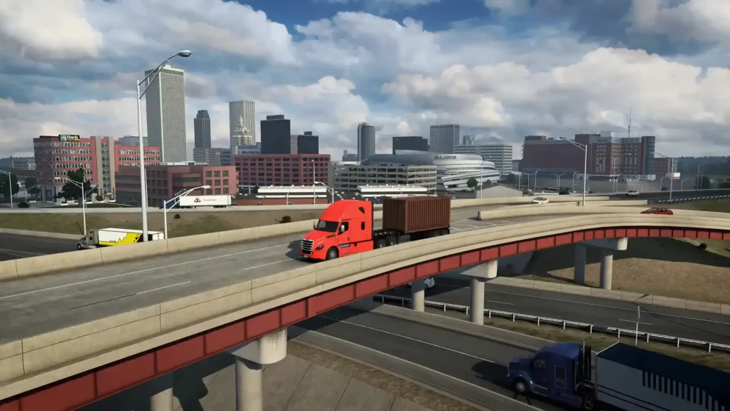Crossing the city bridge in American Truck Simulator