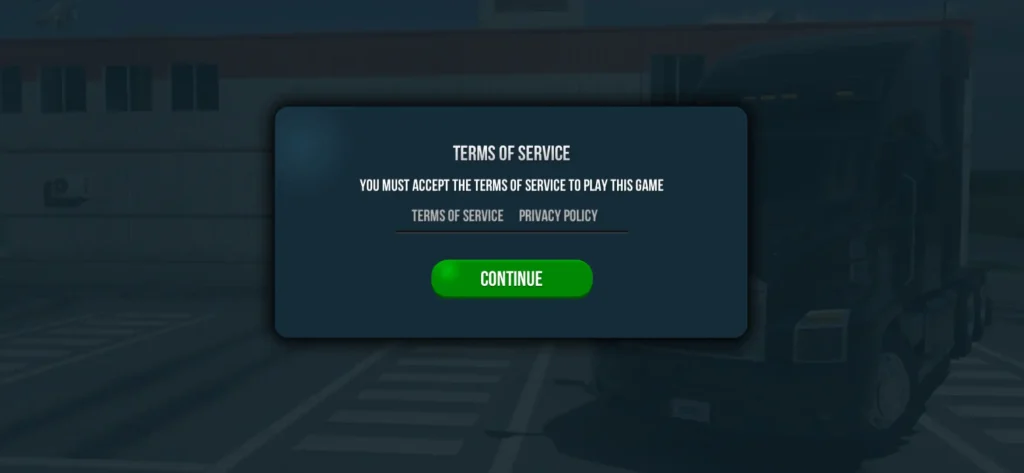 Game Terms of Service screen with Continue button