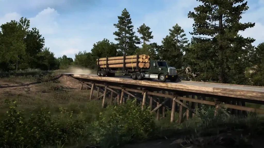 Hauling logs in the forest in American Truck Simulator